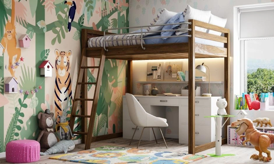 Wooden loft bed introduces warmth while combining study and storage functions