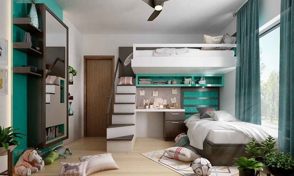 Loft bed with an integrated study desk creates a dedicated workspace in a compact room.