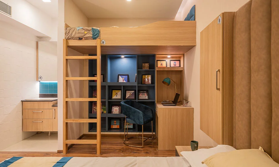 Adult loft bed with a built-in desk combines work, storage and sleeping zones.