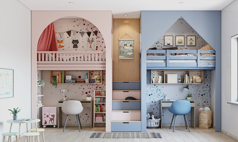 A loft bed with desk uses soft colours and step-drawer storage to maximise space efficiently.