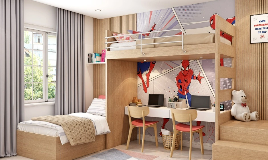 Loft bed with an integrated desk and storage creates a practical layout for a compact bedroom