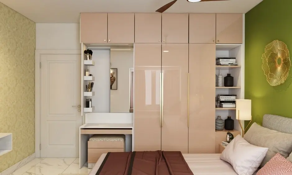 Neutral-toned glossy wardrobe enhances brightness and creates a spacious bedroom feel.