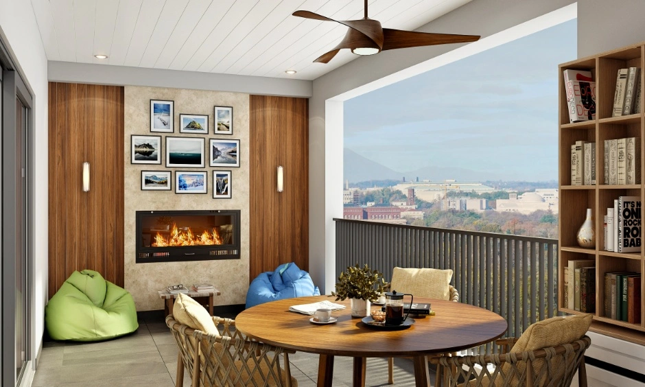 Beige, wood and grey tones create a balanced and cohesive balcony colour palette.