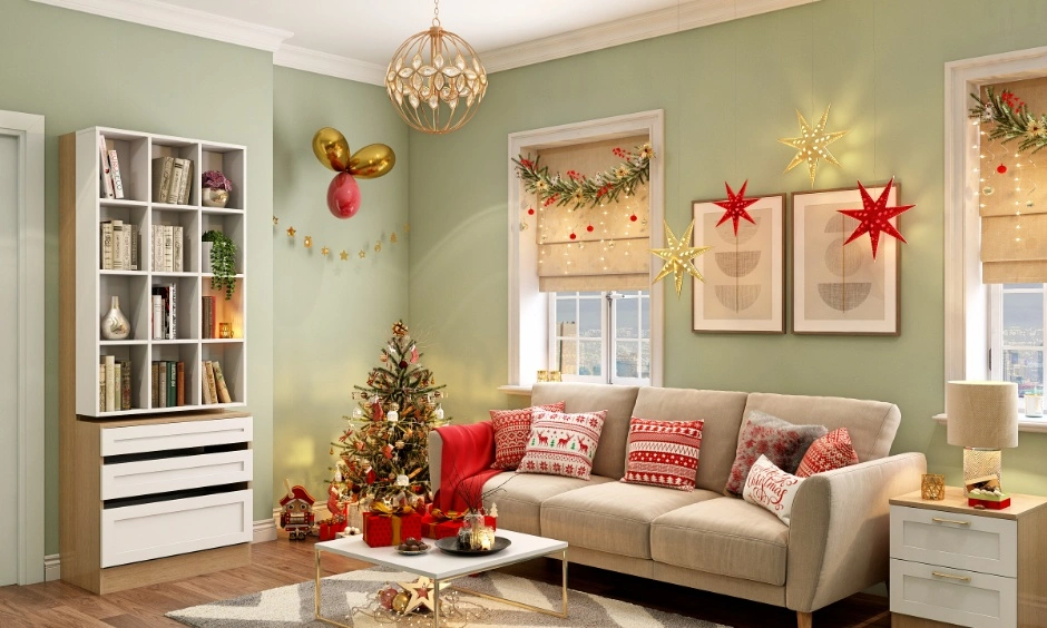 Neutral tones, warm wood and blue accents demonstrate balanced interior colour planning.
