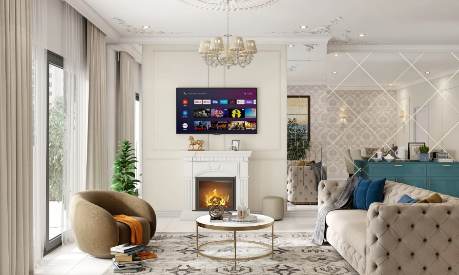 Soft sage walls allow festive red accents to stand out while maintaining visual balance.