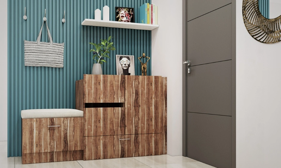 Teal, wood and grey finishes create a layered palette using fixed room elements.