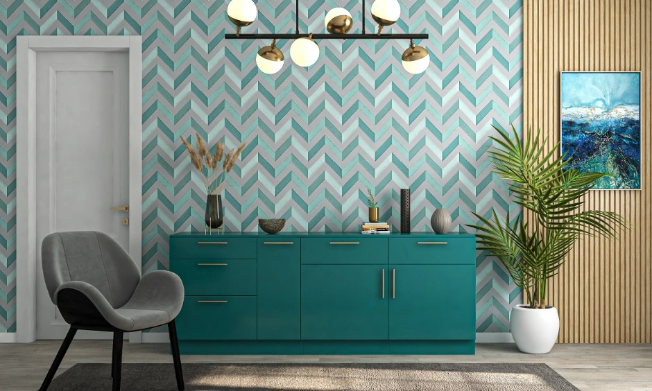 Teal and grey tones create a fresh contemporary interior design colour scheme