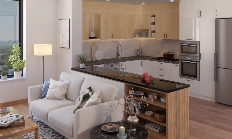 Daylight and warm LED lighting alter how white and wood finishes appear throughout the day.