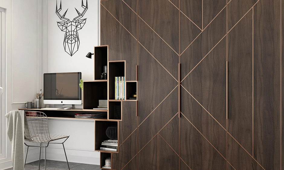 Geometric veneer wardrobe frames a sculpted study nook, showing how to select the right custom configuration.