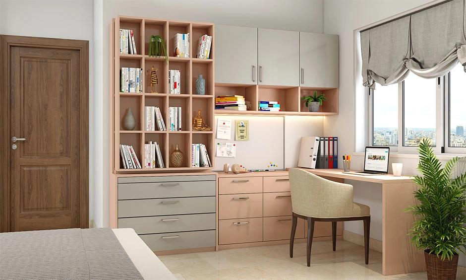 Built-in modular office furniture dissolving the study desk and storage unit into a single structural line.