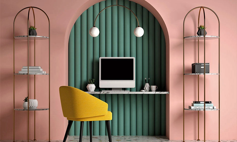 An elegant arched niche carving out a dedicated workspace alcove within a distinct chromatic colour field.