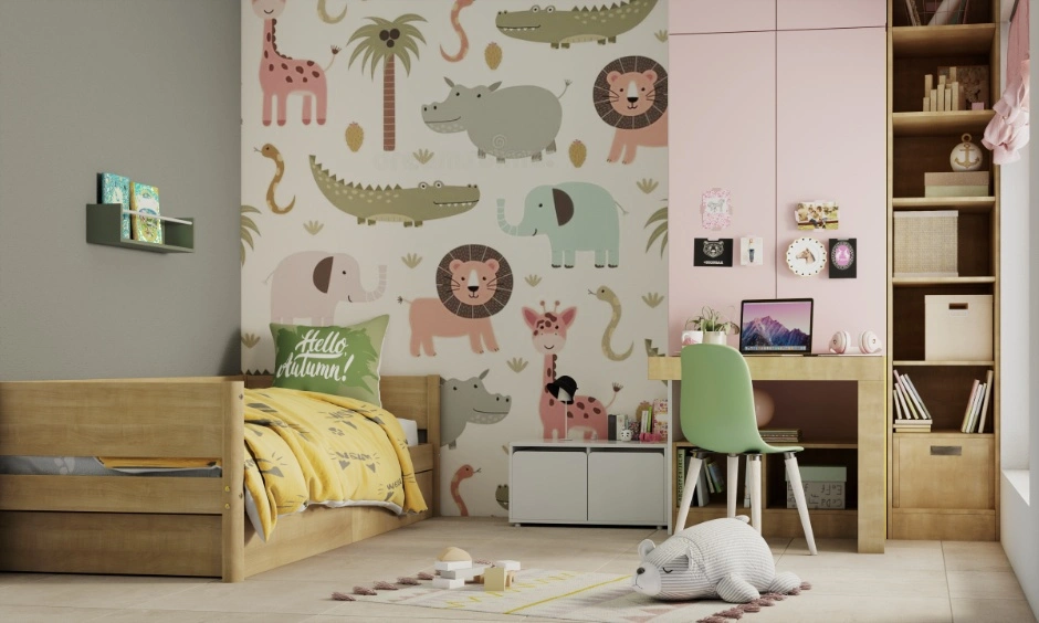 Floor-to-ceiling blush pink modular wardrobe with an integrated sliding study table.