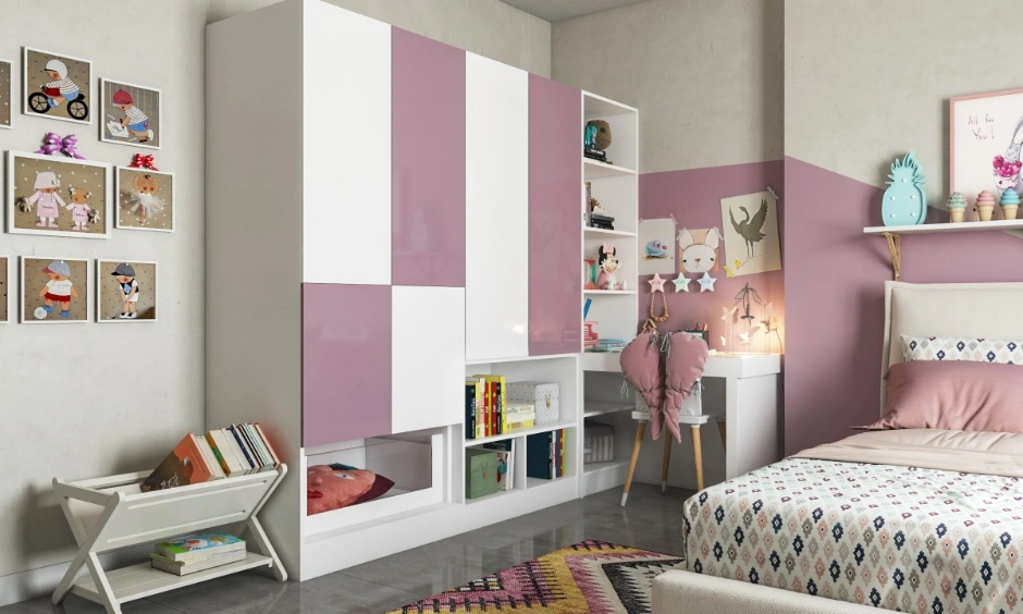 Pink and white wardrobe with ample open and closed storage for everyday organisation.