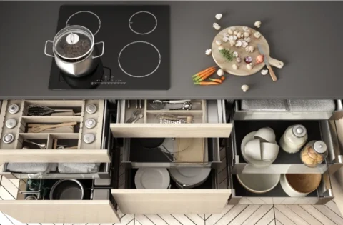 Maximise kitchen space with modular kitchen drawers and shutters that organise every cooking tool efficiently.
