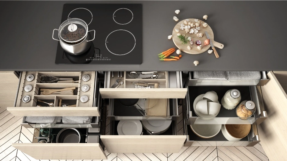 Maximise kitchen space with modular kitchen drawers and shutters that organise every cooking tool efficiently.