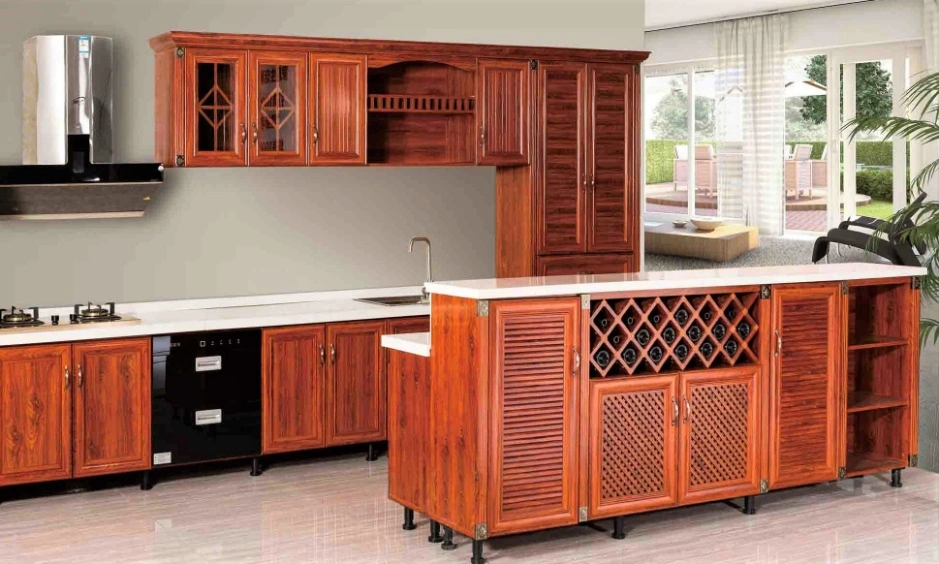 Traditional modular kitchen with modern kitchen cabinet shutters and practical storage layout.