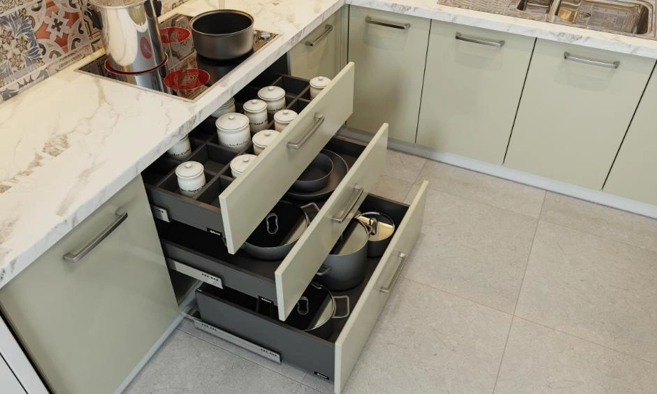 Modular kitchen drawer design stores cookware neatly while maximising base cabinet space.