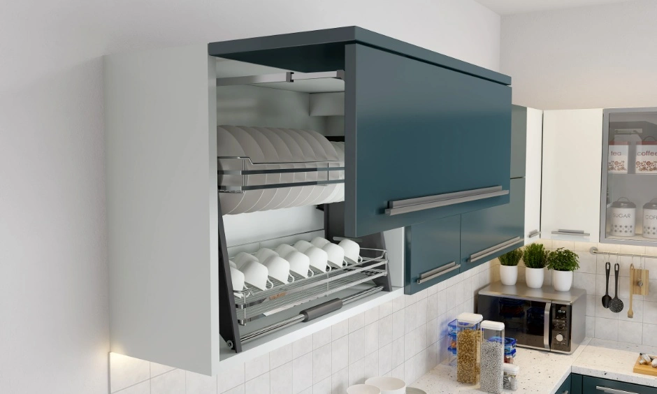 Kitchen shutters with a Pegasus unit improve access to overhead storage without heavy lifting.
