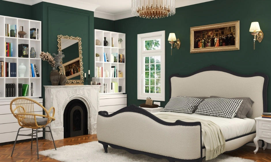 Luxury bedroom design Vizag with curved upholstered headboard and deep green wall