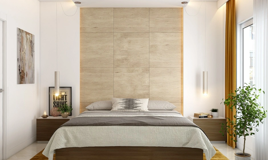 Bedroom interior design trends Vizag 2026 with wood wall panels, textured bedding and curtains