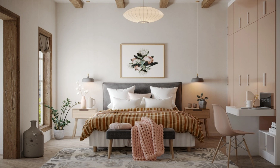 Home interior designers in Vizag bedroom with wardrobe storage, pendant lights and study desk