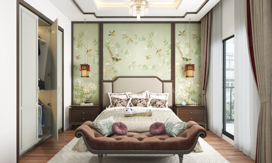 Modern bedroom design Vizag with curved bench, feature wall and layered curtains
