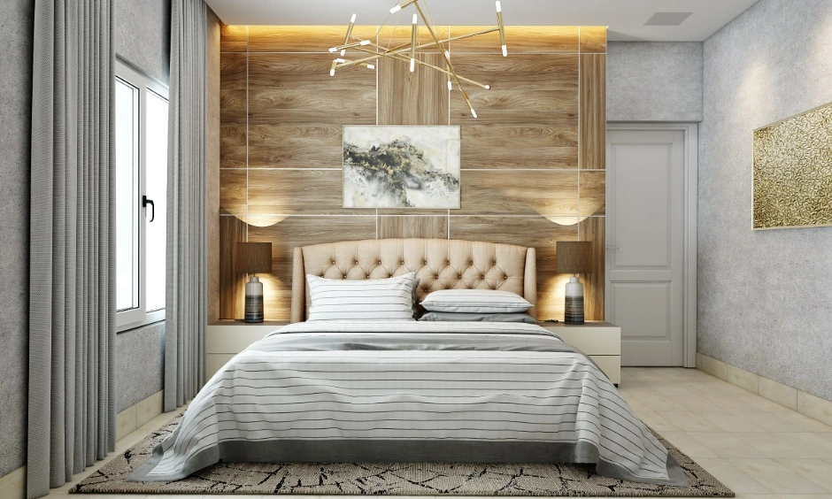 Coastal bedroom interior design India with wood wall panel, grey curtains and soft lighting