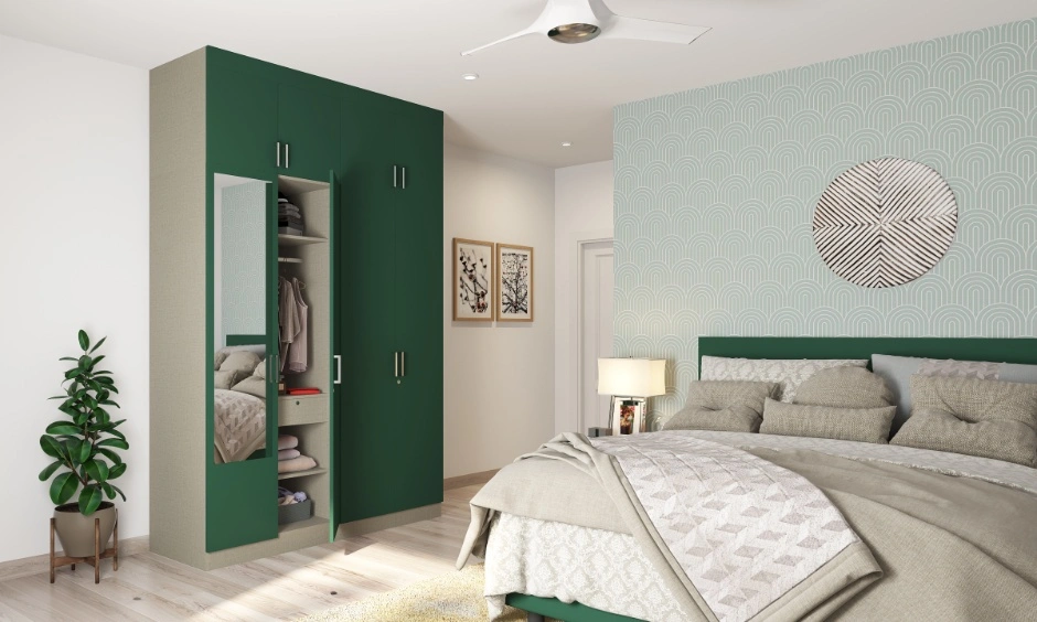 Bedroom interior design Vizag with green wardrobe, indoor plant and soft natural light