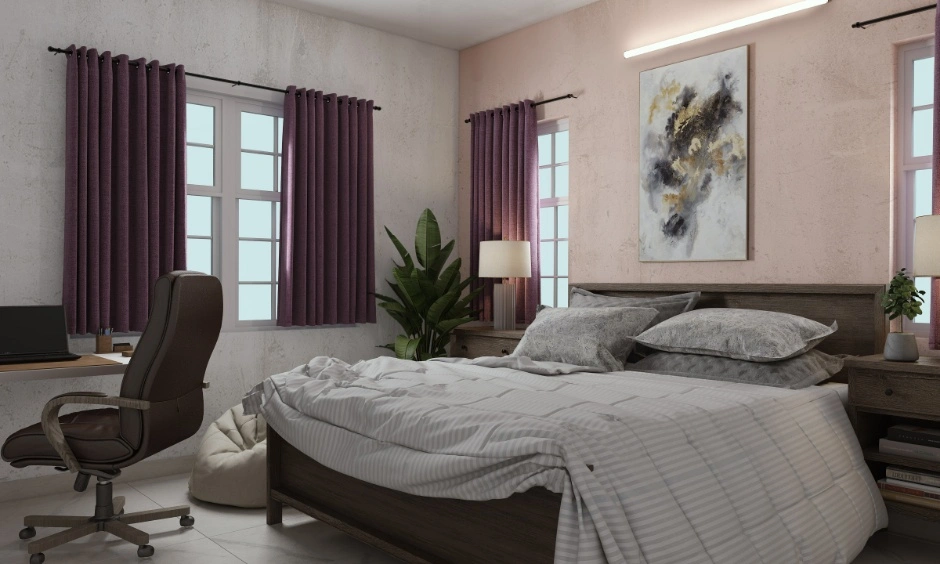 Interior design trends Vizag 2026 bedroom with study desk, curtains and wooden bed