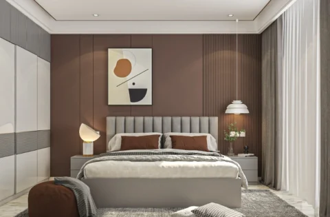 Modern Vizag bedroom with brown wall panels, layered curtains and wardrobe storage
