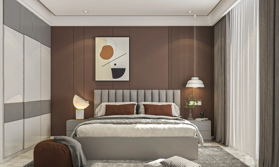 Modern Vizag bedroom with brown wall panels, layered curtains and wardrobe storage