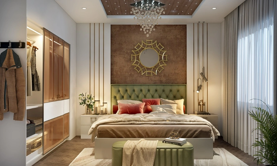 Interior design cost Vizag 2026 bedroom with custom wardrobe, feature wall and ceiling lights