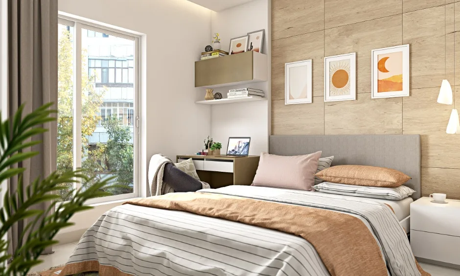 Bedroom interior design Vizag with compact work desk, wood panel wall and natural light
