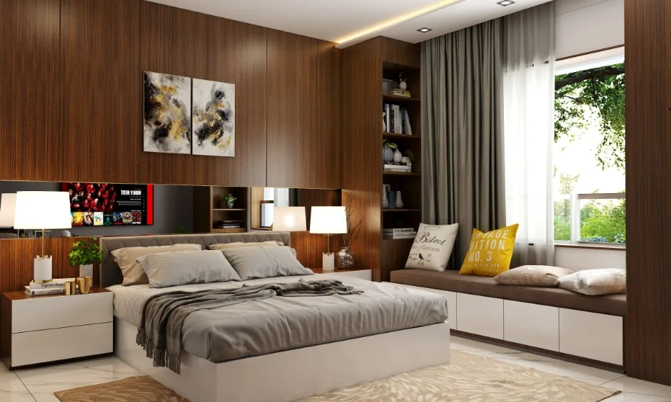 2 BHK interior design Vizag bedroom with storage bed, wall panels and built-in window seating