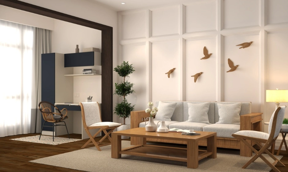 Noida living room interior design with sofa, coffee table, wall moulding, storage unit, curtains, rug and lighting.