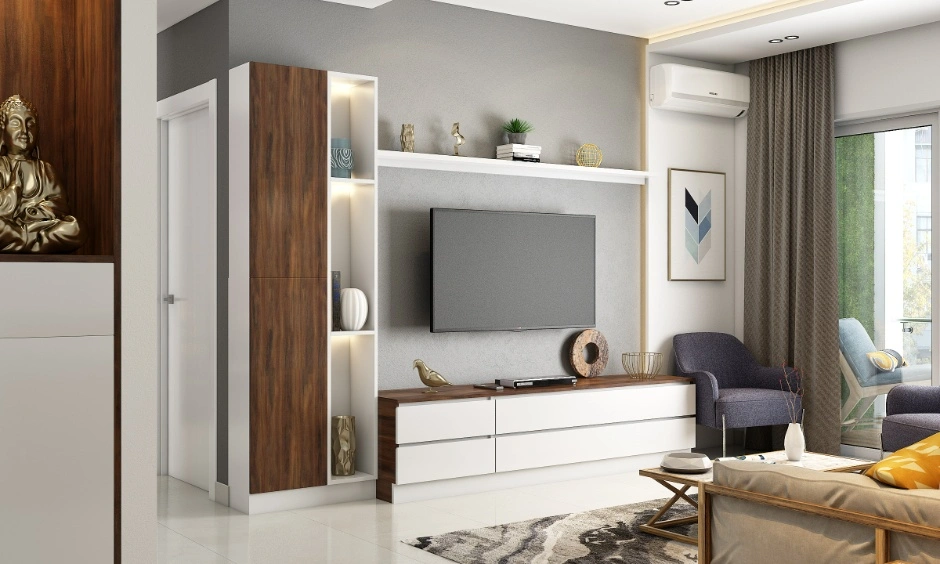 Living room furniture design in Noida with TV unit, storage cabinet, display shelves, coffee table, sofa and curtains.