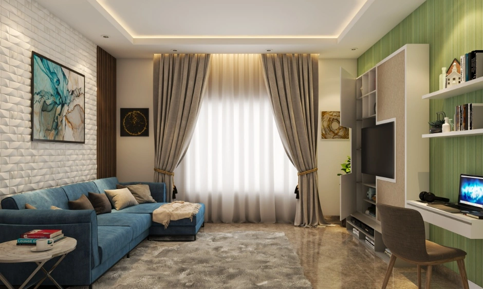 False ceiling and lighting design in Noida living room with cove lights, spotlights, TV unit, sofa, curtains and wall decor.