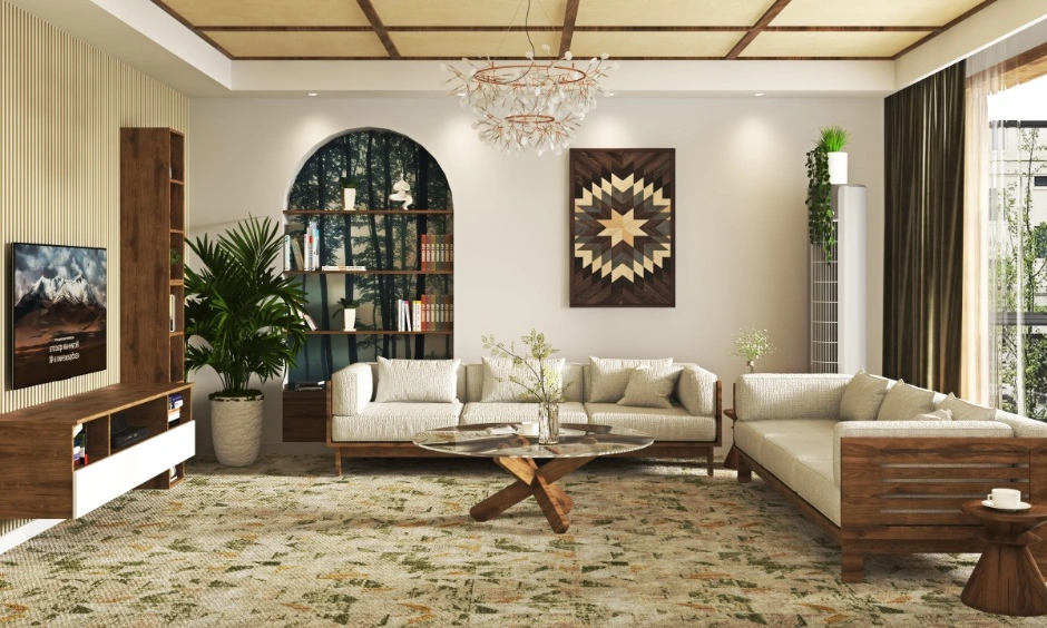 Living room decor design in India with carpet, wall art, indoor plants, chandelier, TV unit, curtains and styled shelves.