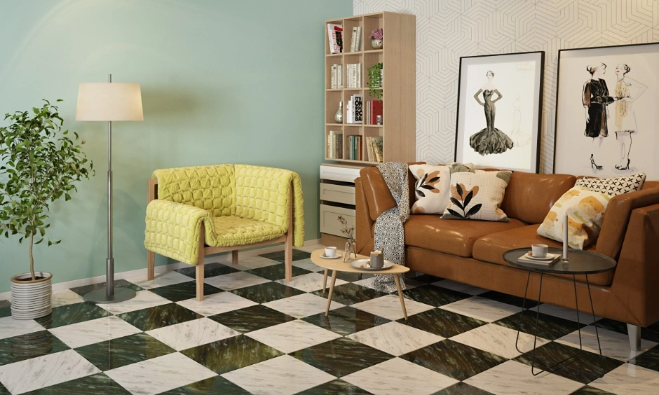 Expert tips for planning the living room cost in Noida with sofa, coffee table, floor lamp, indoor plant, storage unit and wall decor.