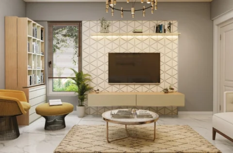 Modern living room design in Noida with TV unit, wall panelling, storage cabinet, rug, seating and ceiling light.