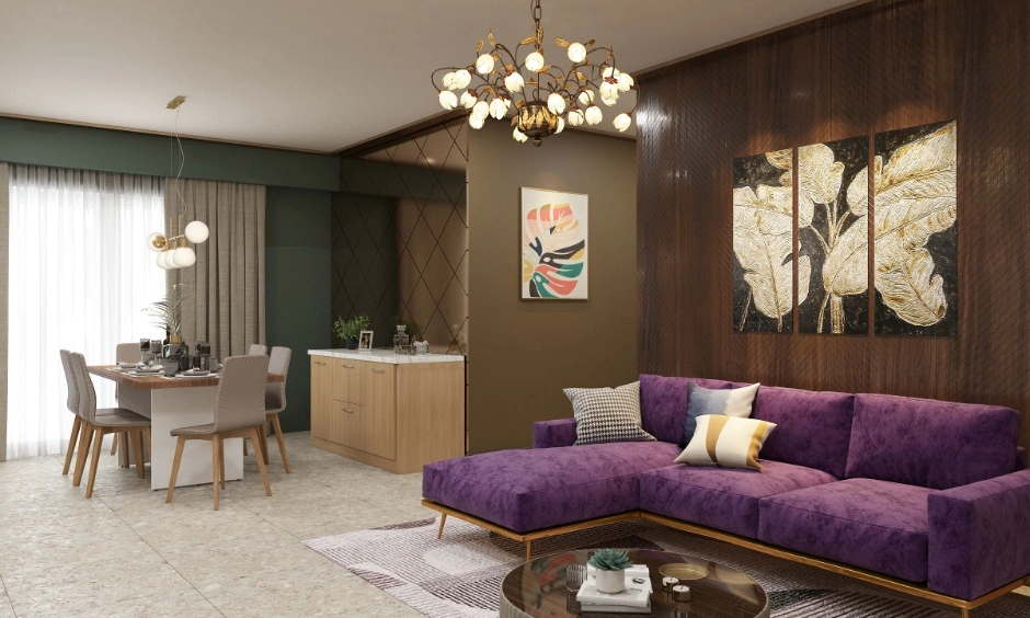 Common budgeting mistakes in Noida living room interior design with statement sofa, wall panelling, dining area, decorative lighting, curtains and decor.