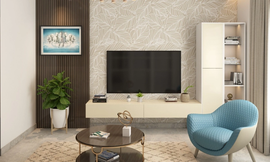 Optimised living room interior design in Noida with TV unit, accent wall, storage cabinet, coffee table, rug and compact seating.