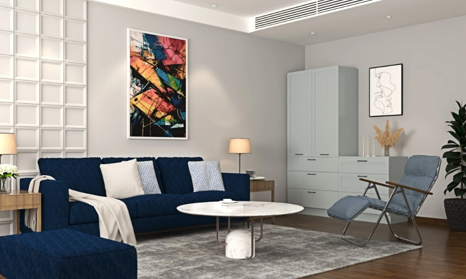 Total living room interior cost in Noida with sofa, coffee table, rug, wall decor, storage unit, accent wall and ceiling lights.