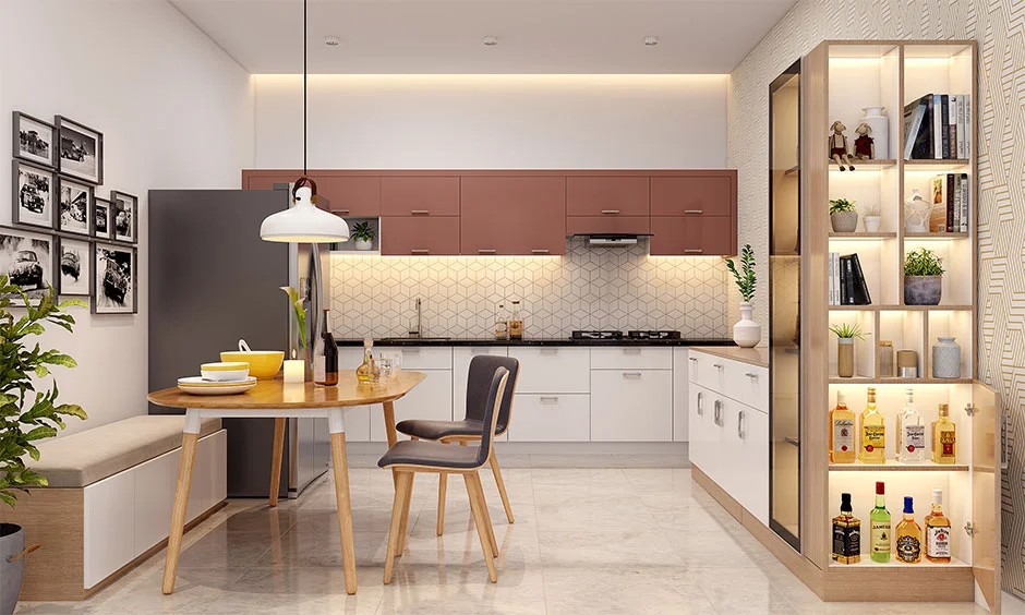 White kitchen base cabinet with maroon top for an elegant and beautiful look