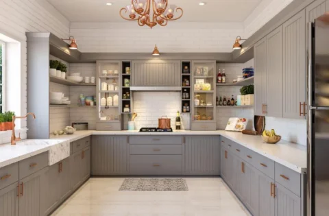 Grey RTA kitchen base cabinet with copper accessories to create a luxe vibe