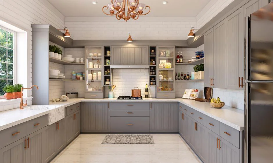 Grey RTA kitchen base cabinet with copper accessories to create a luxe vibe