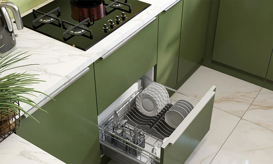Green laminate kitchen base cabinet which creates a bold visual for modern interiors