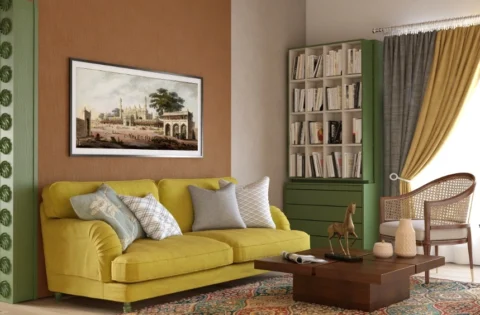 Warm living room with custom furniture, storage, wall finishes and layered lighting in Gandhinagar.