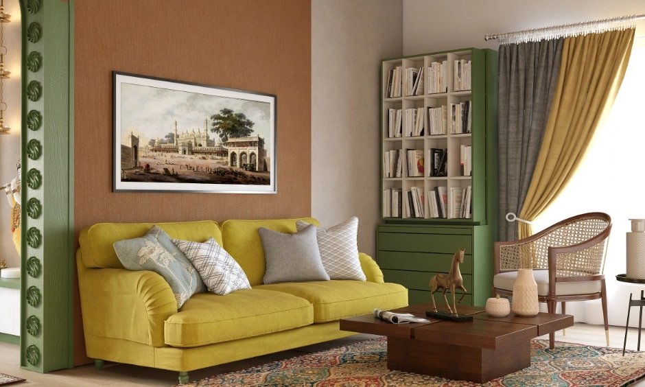 Warm living room with custom furniture, storage, wall finishes and layered lighting in Gandhinagar.