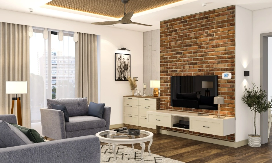 Complete living room with TV unit, false ceiling, seating and accent wall for a functional layout